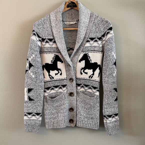 Bluenotes Sweaters - Cowichan—style Bluenotes Horse Print Shawl Cardigan Ranch Acrylic Cottage Core
